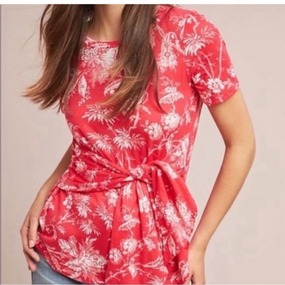 Maeve Anthropologie Red and White Floral Blouse w/ Front Side Tie small